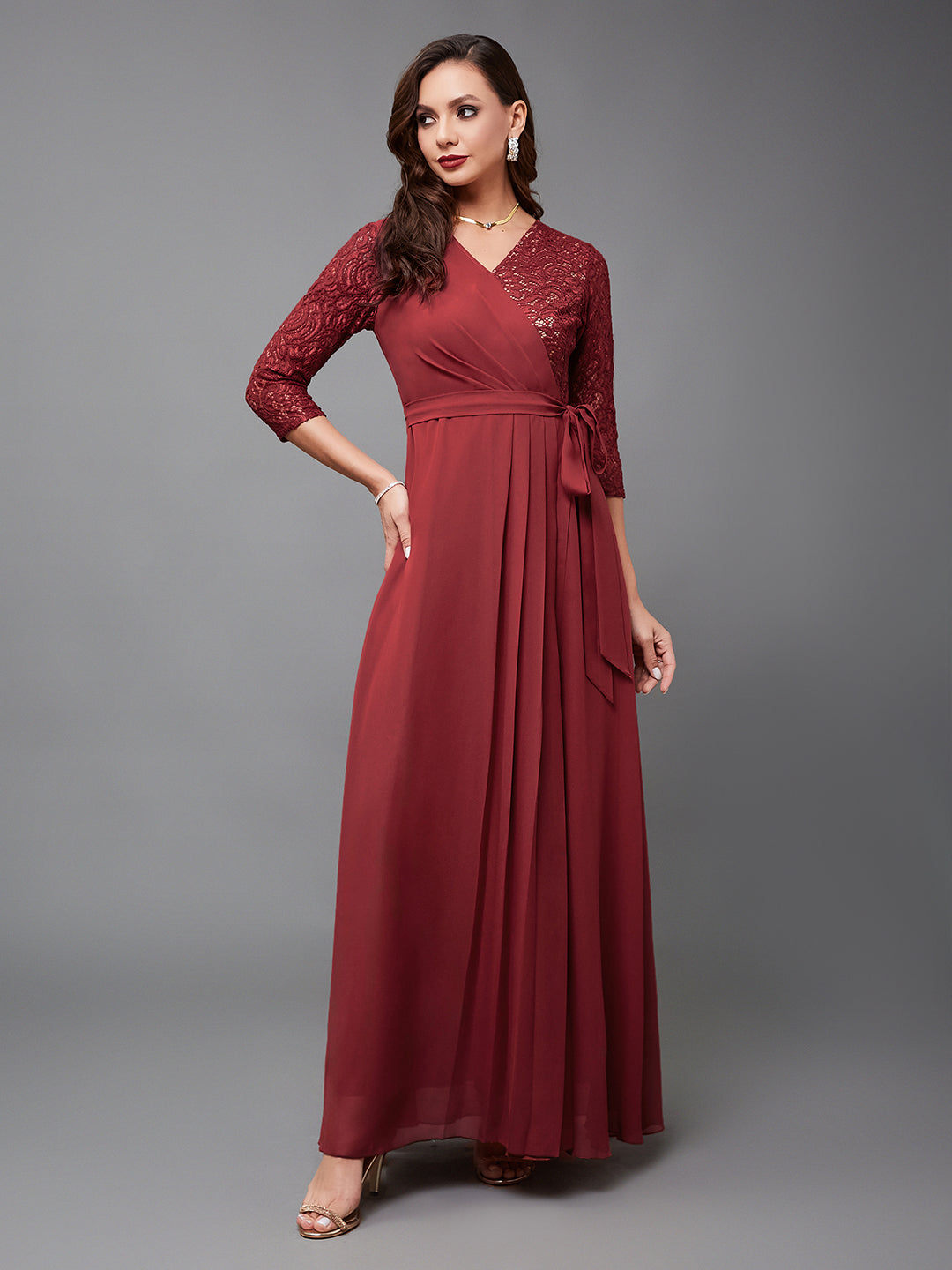 Women's Brick Red V-Neck 3/4 Sleeve Self-Designed Wrap Styled Georgette Maxi Dress