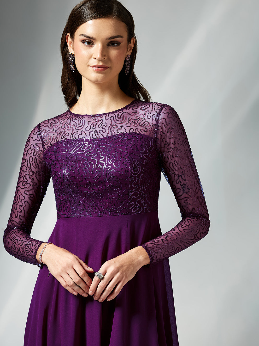 Dark Purple Solid Embellished Maxi Dress for Women