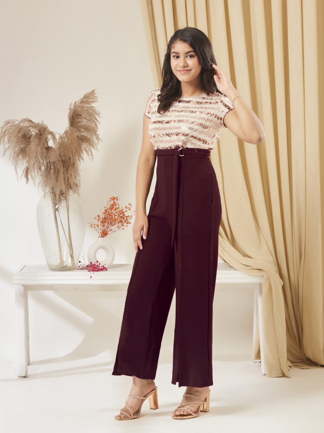 Wine & Beige Round Neck Short Sleeve Embellished Front Slit Fringed Regular Jumpsuit for Girls/Teenagers