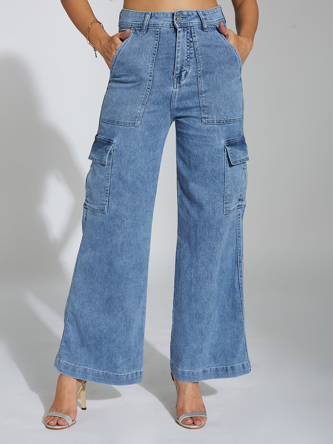 Women's Mid Blue Wide-Leg High-Rise Clean-Look Stretchable Denim Jeans