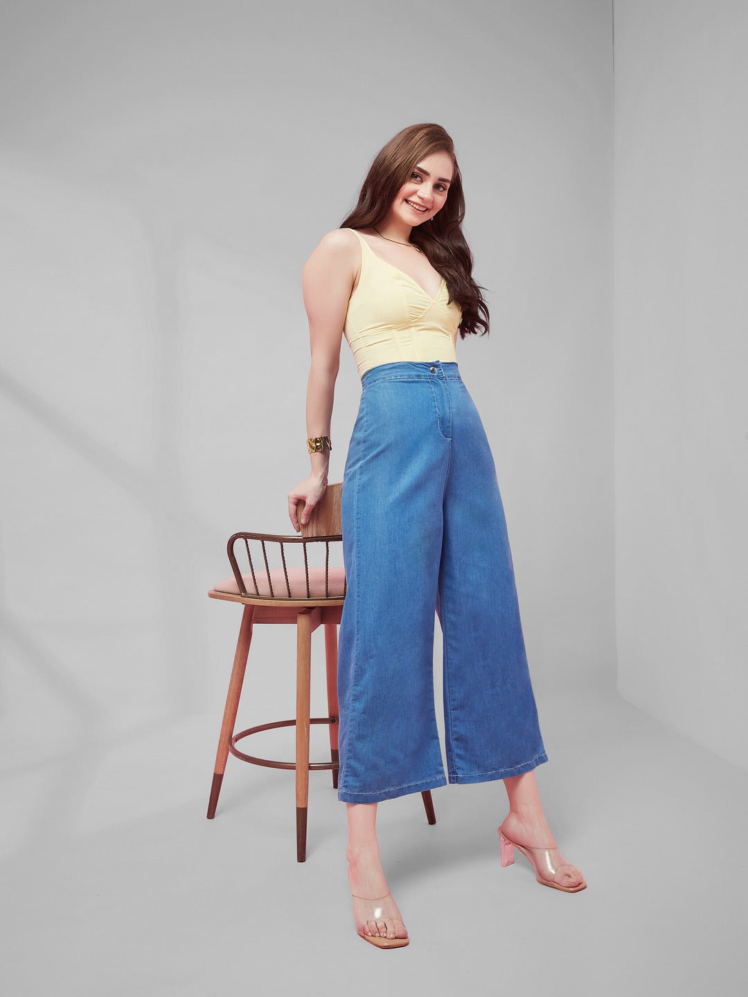 Blue Flared Wide-Leg high-rise Non Stretchable Light Weight Denim Pants for Women