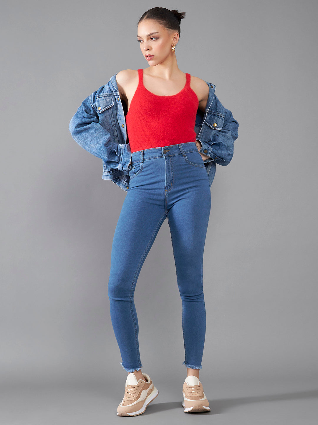 Women's Blue Skinny High-Rise Cropped-Length Fringe Detailing Stretchable Denim Jeans