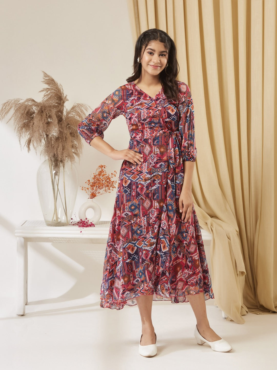 V-Neck Three-Quarter Sleeve Geometric Patterned Wrap Midi Chiffon Dress for Girls/Teenagers