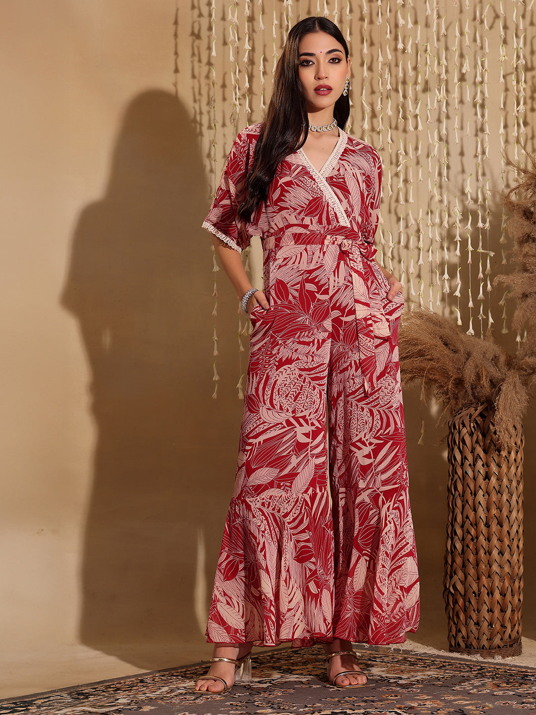 Women's Multicolored-Base-Maroon V-Neck Half Sleeve Floral Kimono Regular-Length Chiffon Jumpsuit