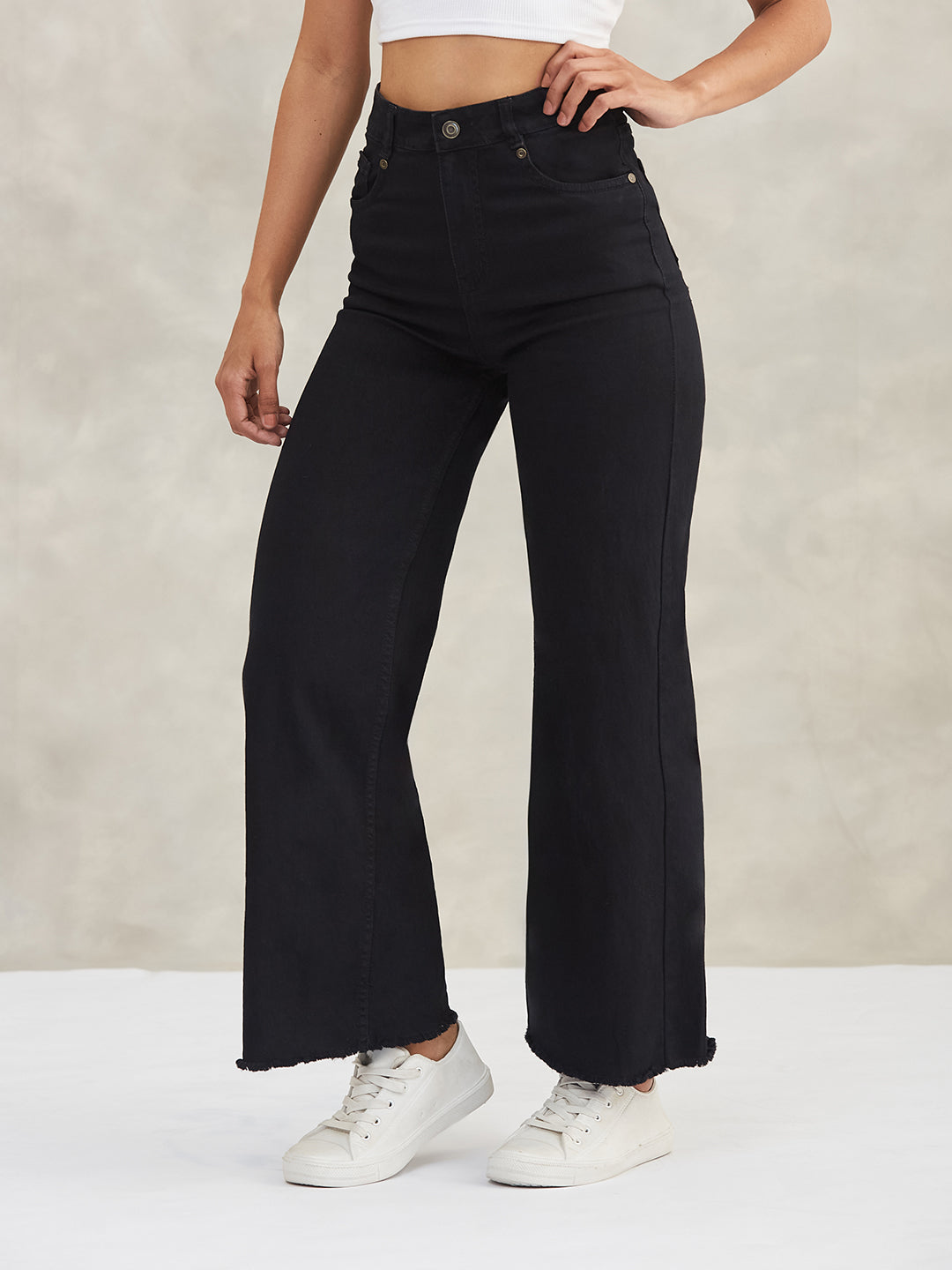 Women's Black High-Rise Stretchable Wide-Leg Denim Jeans