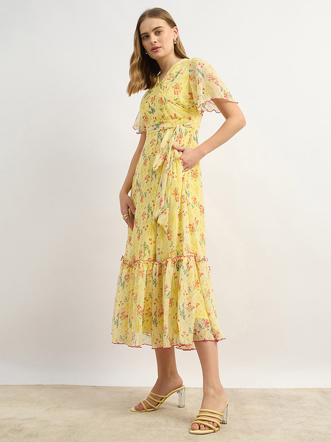 Women's Multicolored-Base-Yellow V Neck Flared Sleeve Floral Wrap Maxi Dress