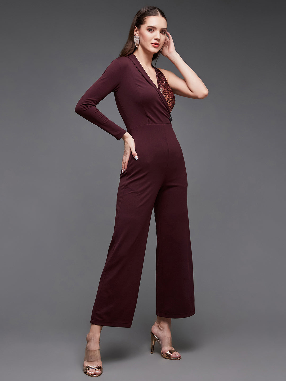 Women's Wine Embellished Shawl Collar Asymmetric Sequined Party Blazer Jumpsuit