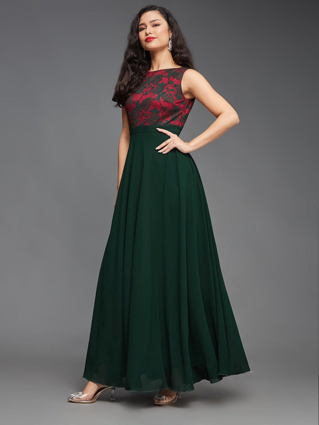 Dark Green Sleeveless Fit and Flare Lace Dress for Women