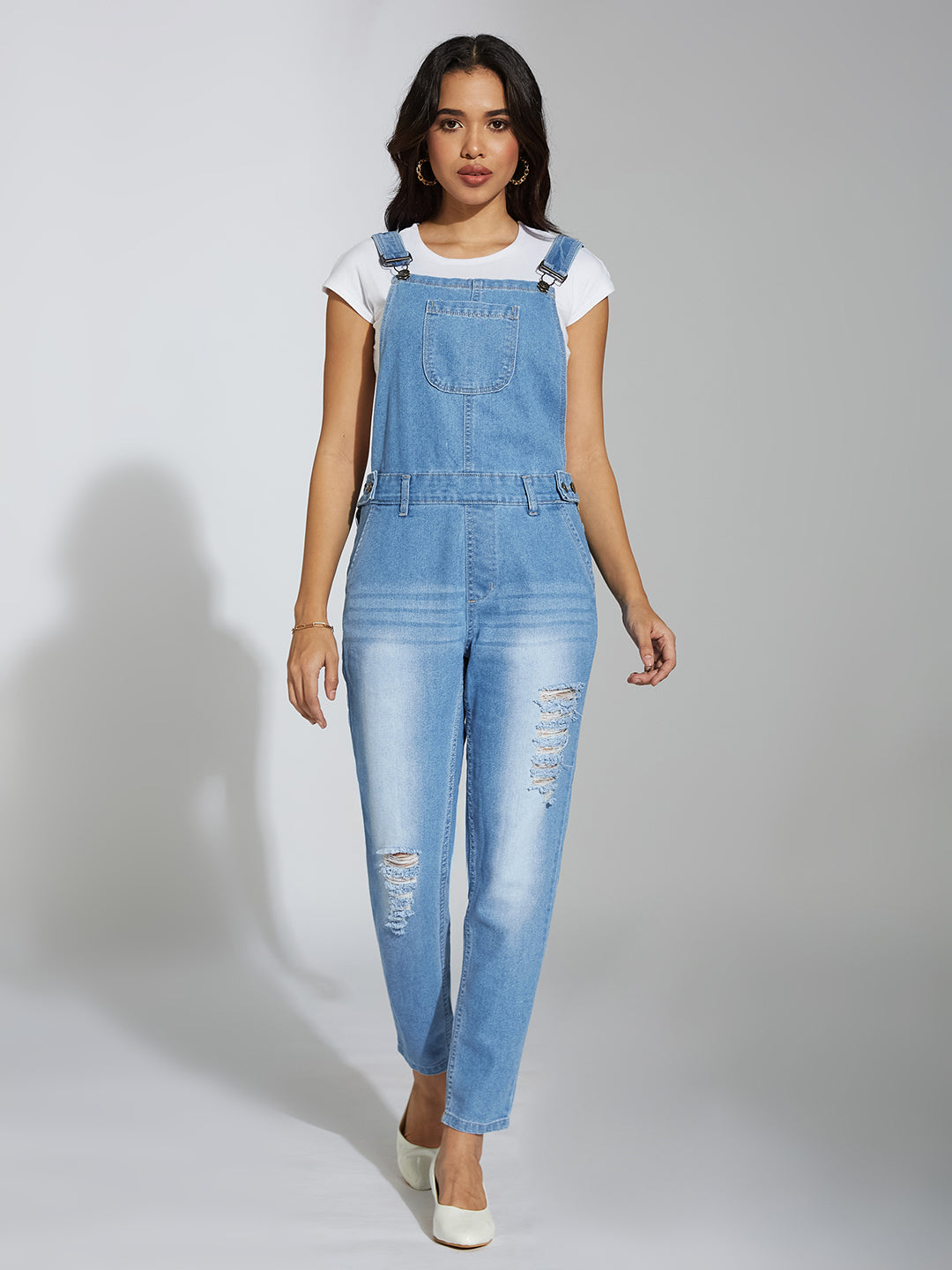 Women's Light Blue Regular Fit Mid Rise Ripped Denim Dungaree