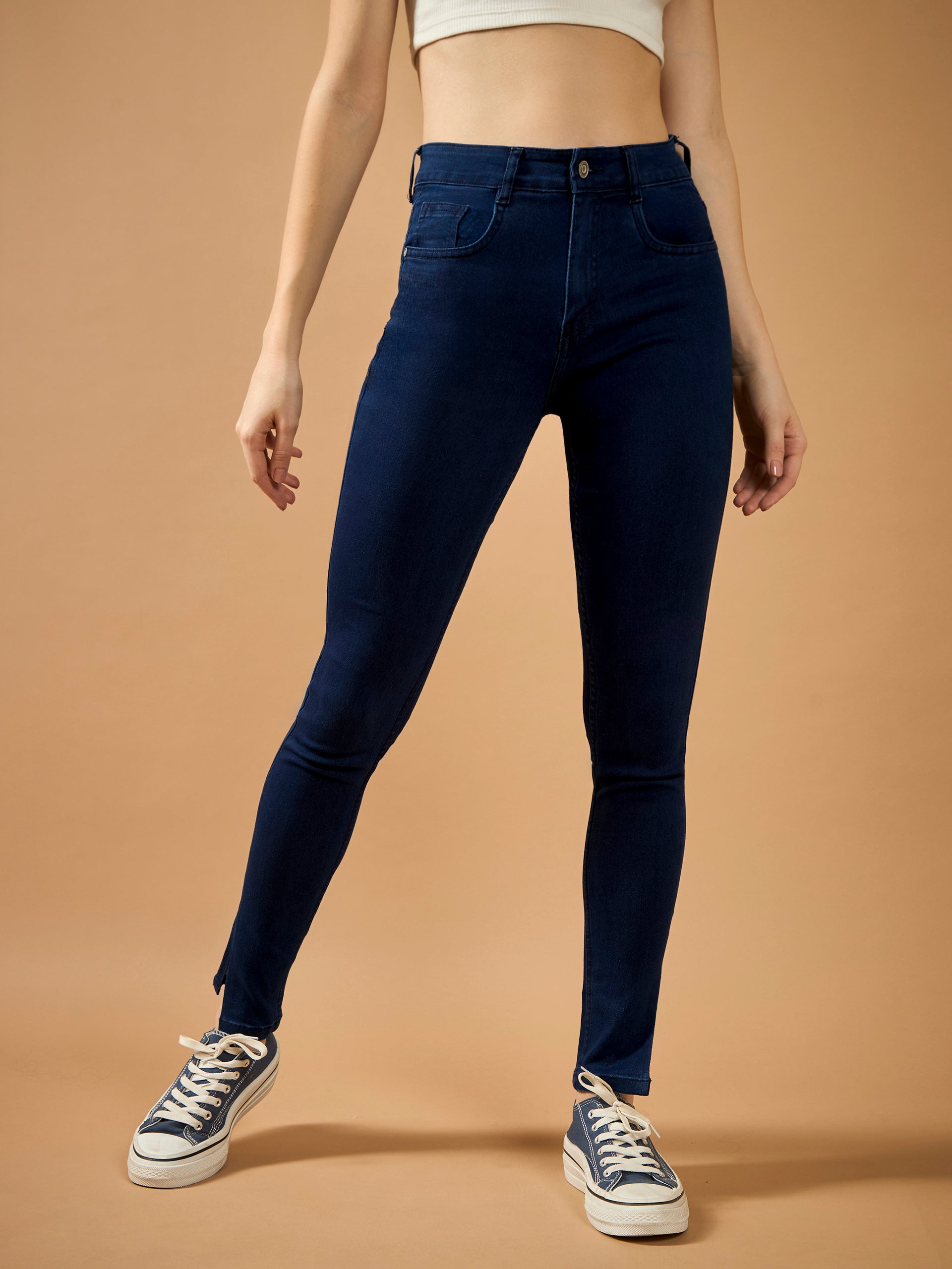 Navy-Blue Skinny-Fit Mid-Rise Cropped-Length Side-Slit Denim Stretchable Jeans for Women