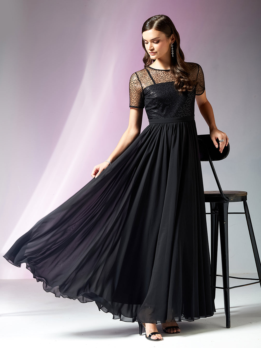 Mauve Relaxed Fit Maxi Georgette & Sequins Dress for Women