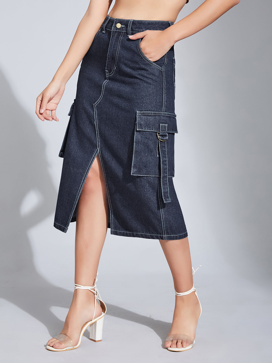 Women's Navy Blue Straight High-Rise Clean-Look Midi Denim Skirt