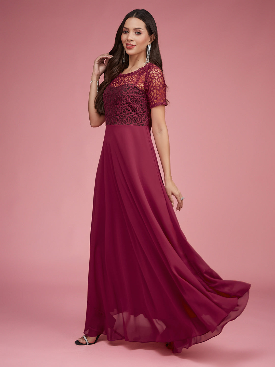 Dark Pink Short Sleeves Lace Fit and Flare Maxi Dress Long Dress Frock for Women