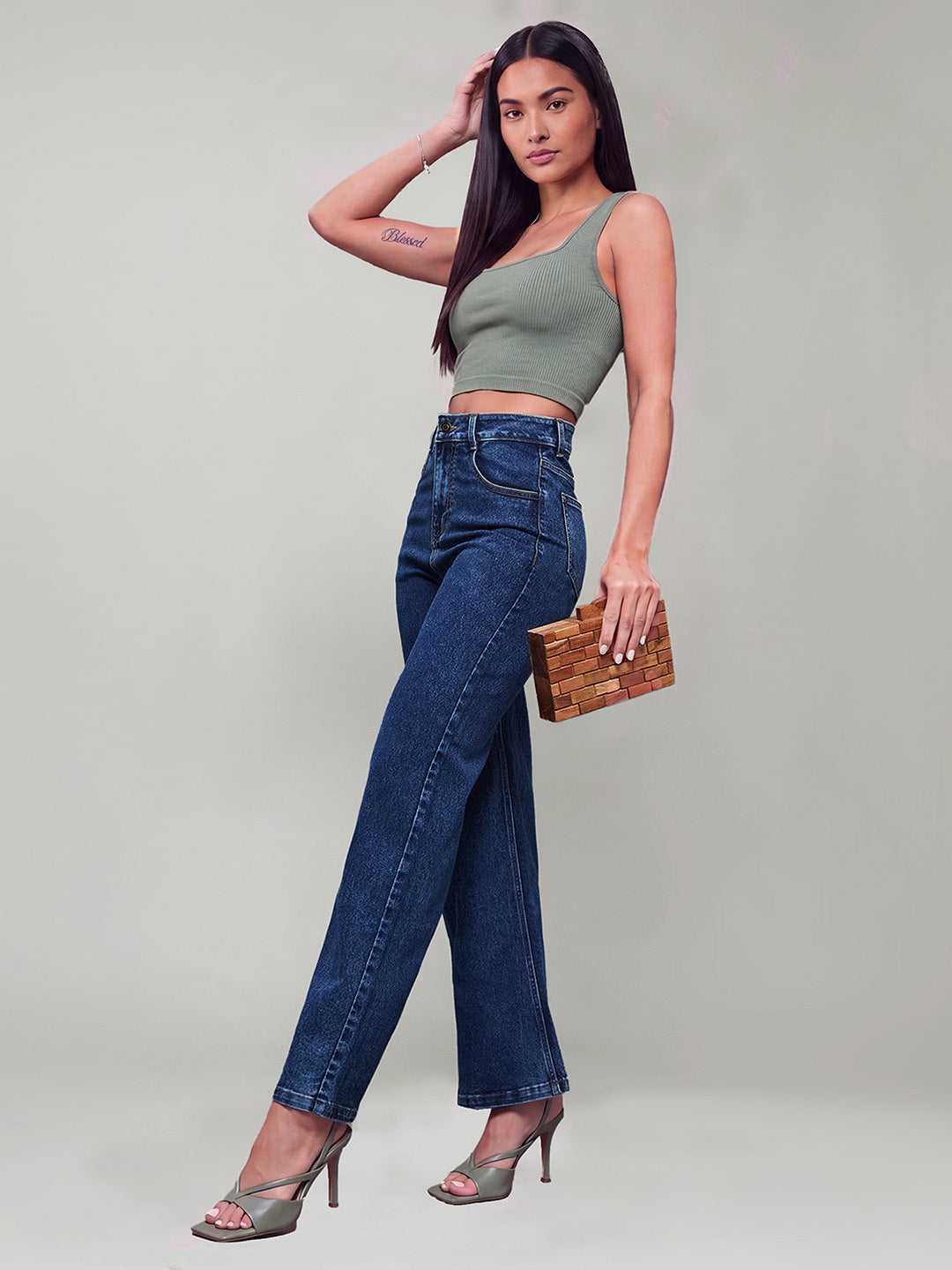Mid Blue Wide-Leg High-Rise Stretchable Denim Jeans for Women