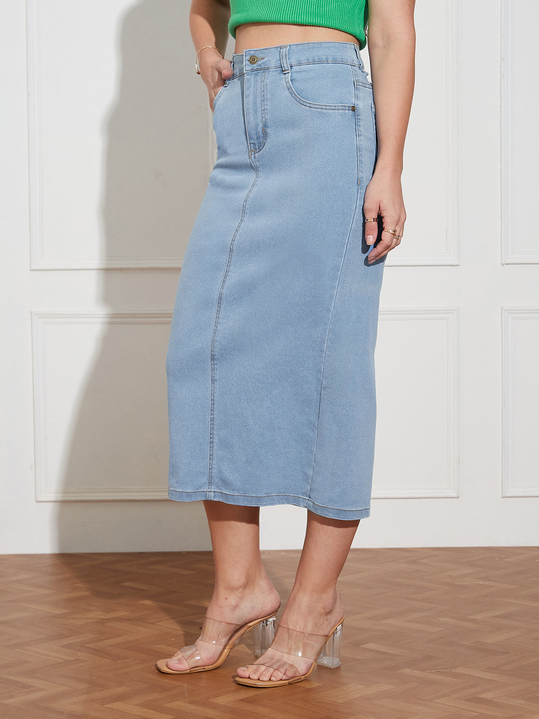 Women's Light Blue Straight High Rise Clean Look Midi Stretchable Denim Denim Skirt