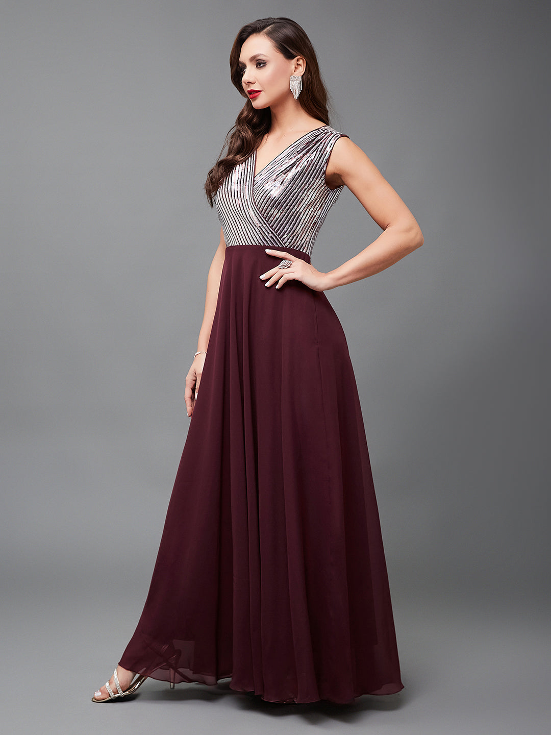 Women's Wine V-Neck Sleeveless Embellished Wrap-Styled Maxi Georgette Dress