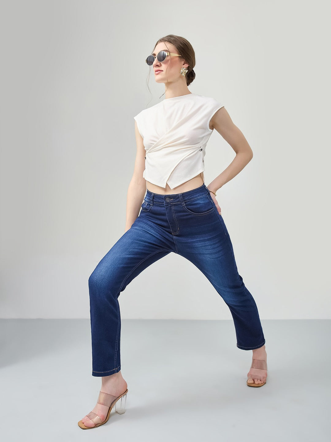 Mid-Rise Navy Blue Semi-Straight Fit Stretchable Jeans with Whiskering & Dark Wash Finish for Women