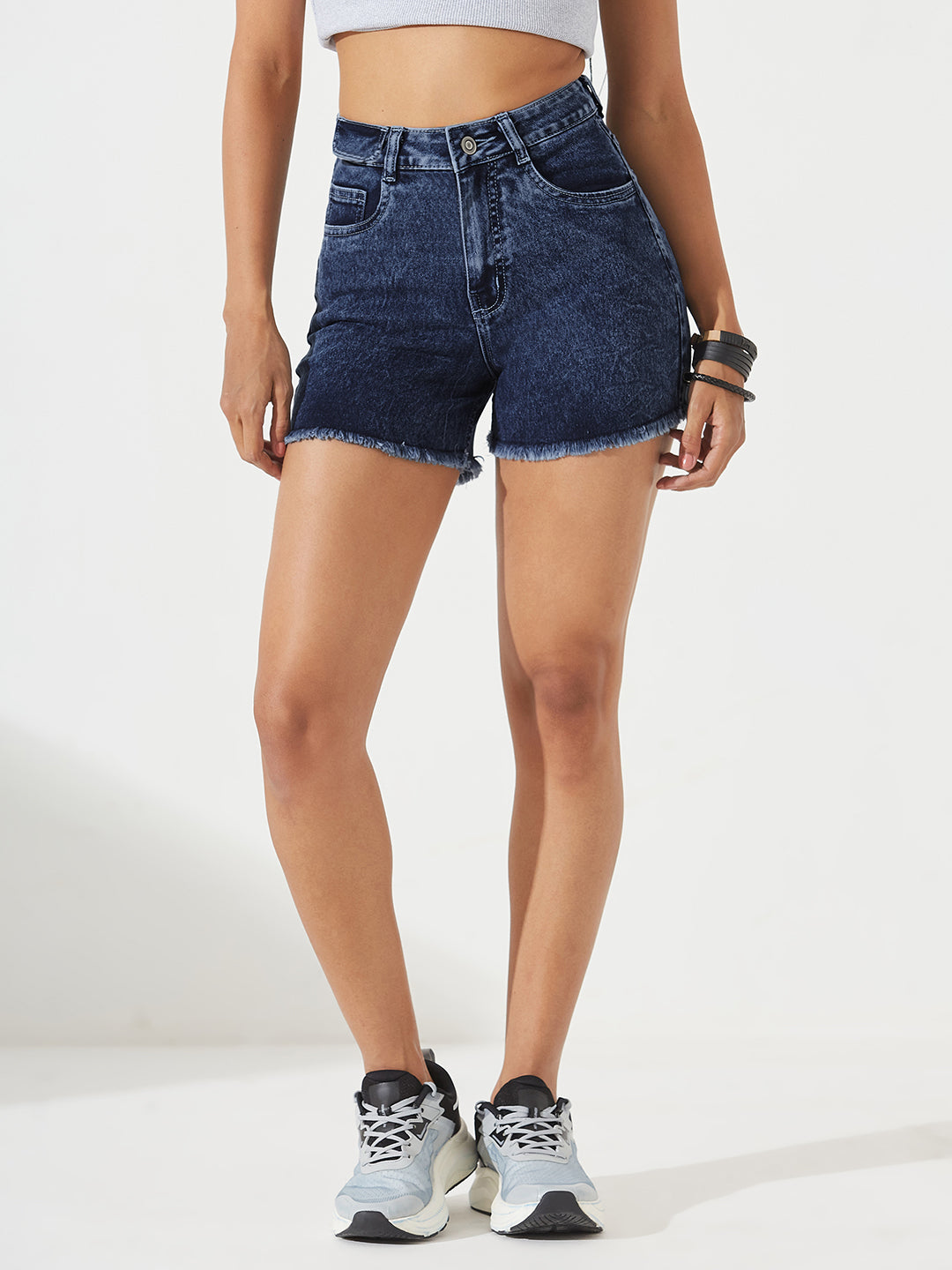 Navy-Blue Relaxed Fit High-Rise Stretchable Denim Faded Shorts for Women