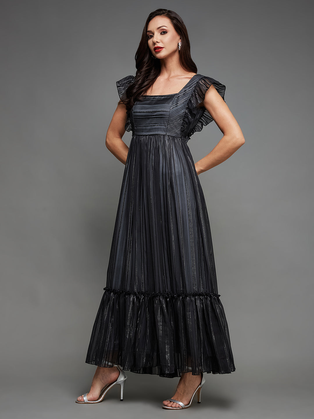 Black Ruffled Sleeves Shimmery Maxi Dress Long Dress Frock