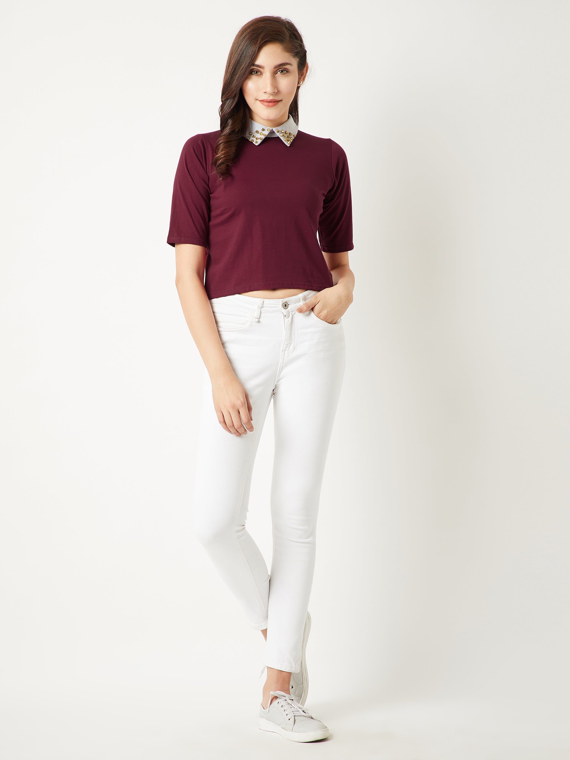 Women's Maroon Round Neck Half Sleeve Cotton Solid Embellished Buttoned Collared Crop Top
