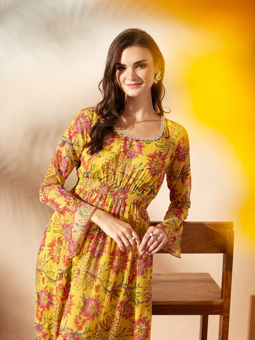 Mustard Sweetheart Flounce Floral Ruffled/ Front Slit Maxi Chiffon Ethnic Dress for Women — Miss Chase