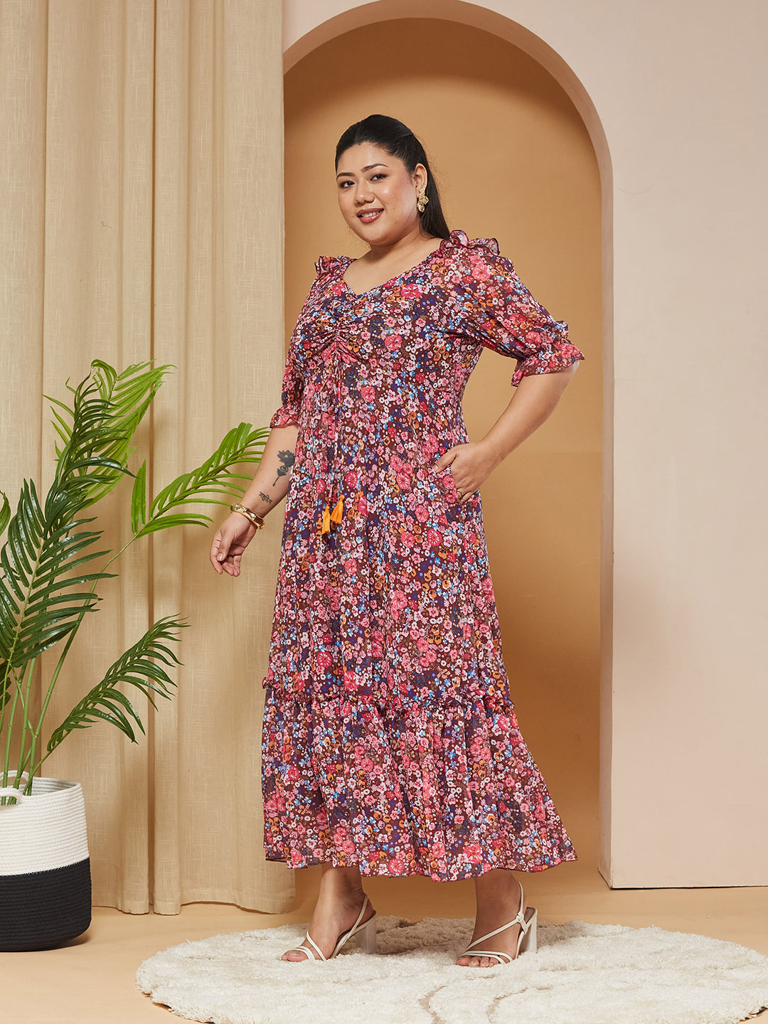 Multicolored-Base-Wine V-Neck Puff-Sleeves Floral Ruching Ankle-Length Dress for Women