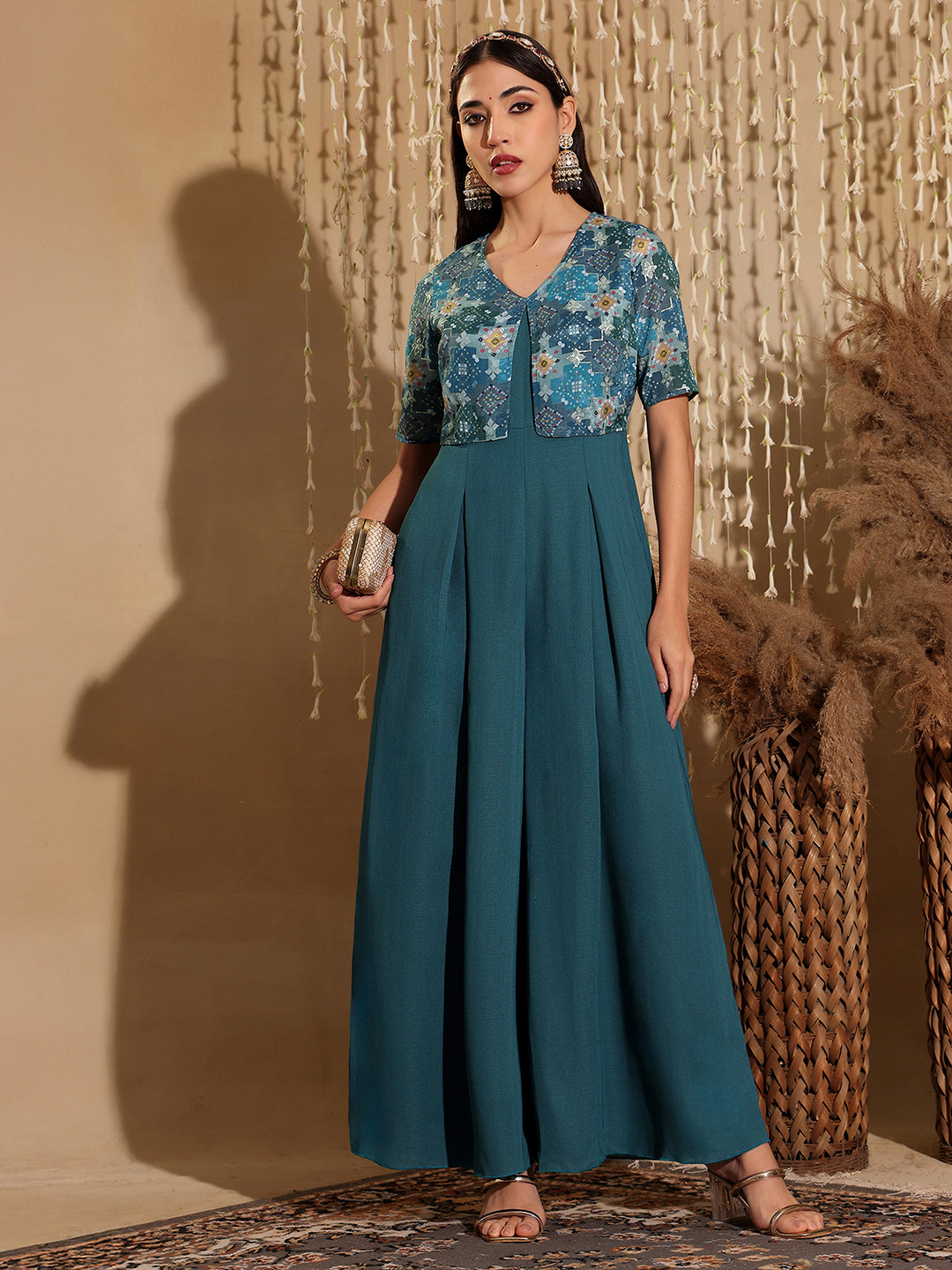 Women's Dusty Turquoise V Neck Half Sleeve Pleated Polyester Regular-Length Solid Jumpsuit