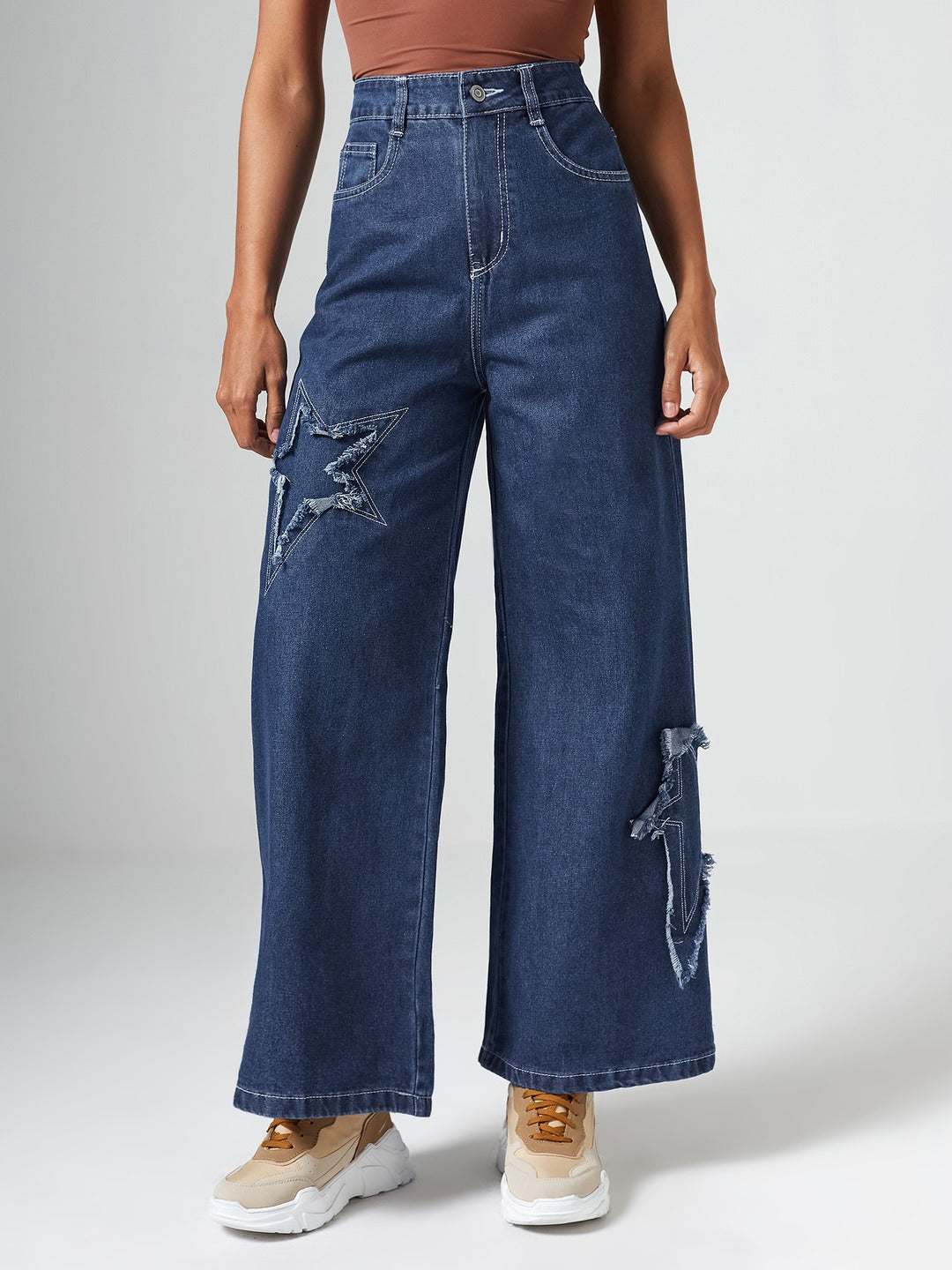 Navy Blue High Rise Mildly-Distressed Regular-Length Stretchable Denim Wide-leg Jeans for Women