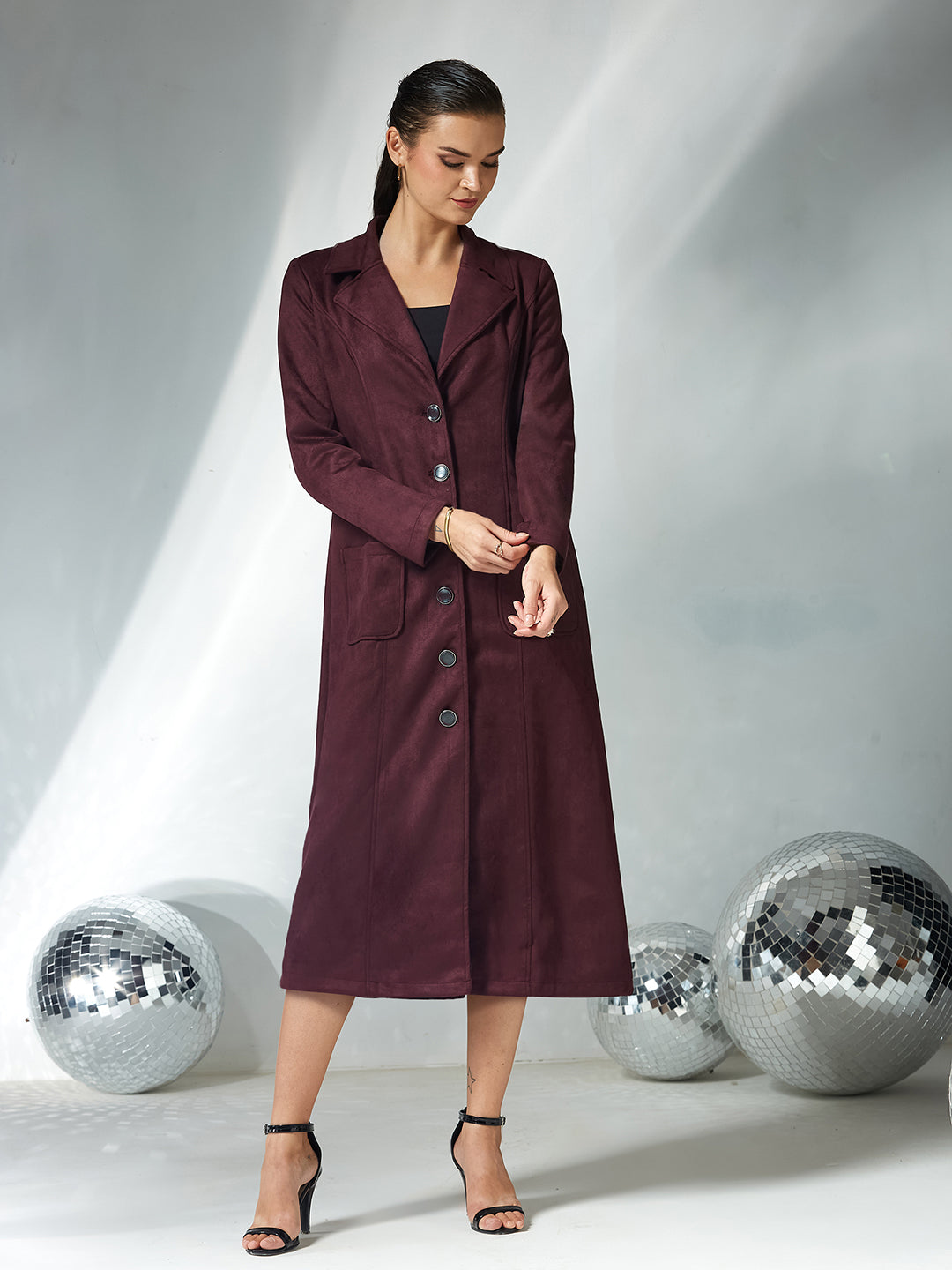 Women's Wine Solid V-Neck Full Sleeves Patched Pocketed Polyester Button Down Longline Winter Wear Jacket