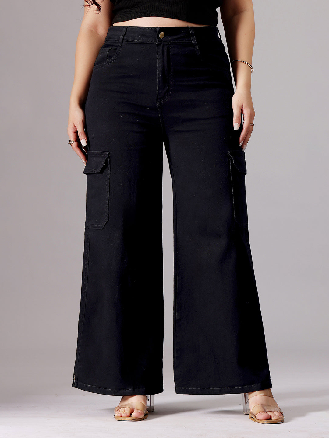 24/7 Comfort Black Wide-Leg High-Rise Clean-Look Patch Pocketed Regular Stretchable Denim Jeans