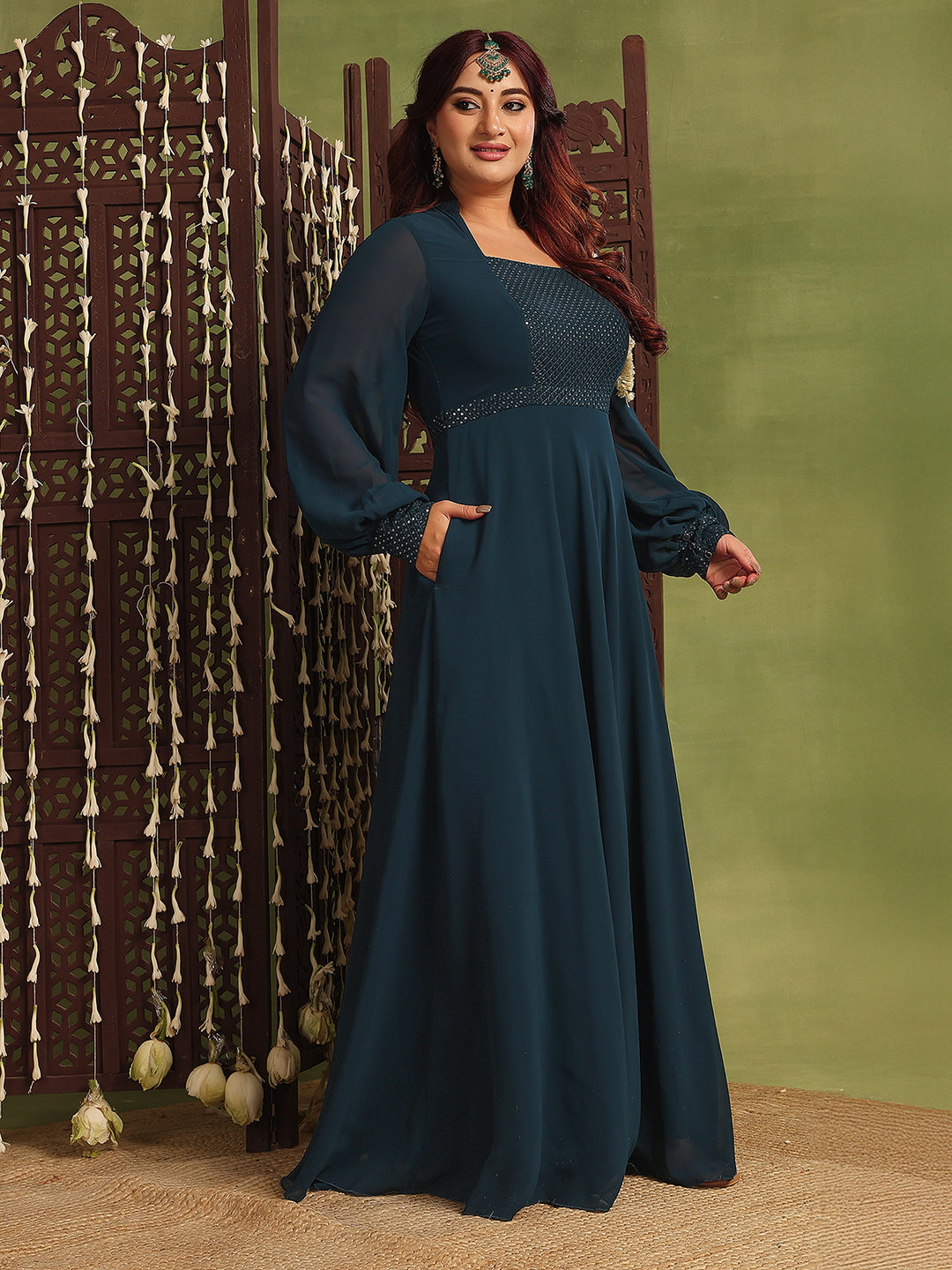Women's Teal Mandarin-Collar Bishop Sleeve Embellished Panelled Georgette Maxi Dress