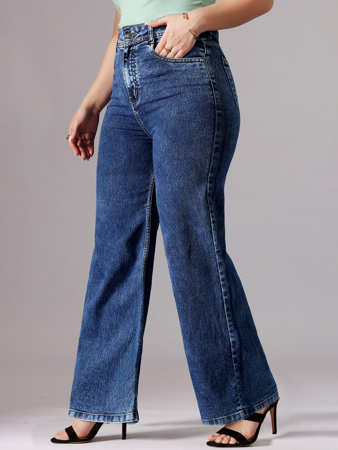 Mid Blue Wide-Leg High-Rise Stretchable Denim Jeans for Women