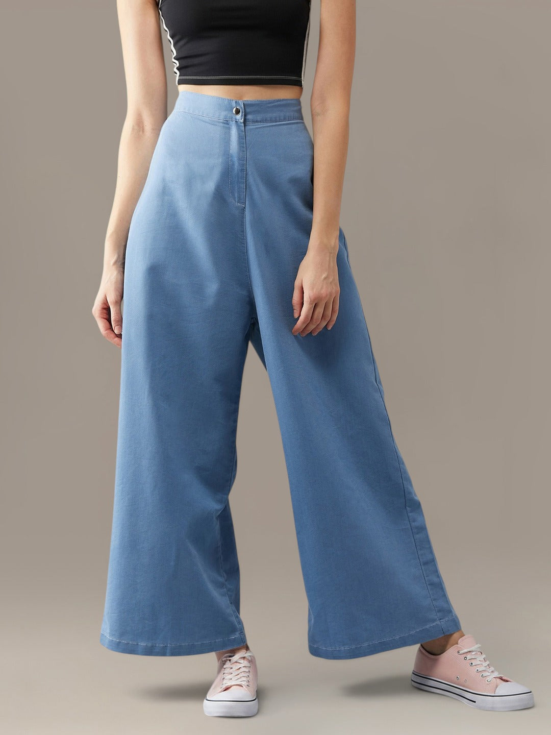 Blue Flared Wide-Leg High Rise Non Stretchable Denim Pants for Women