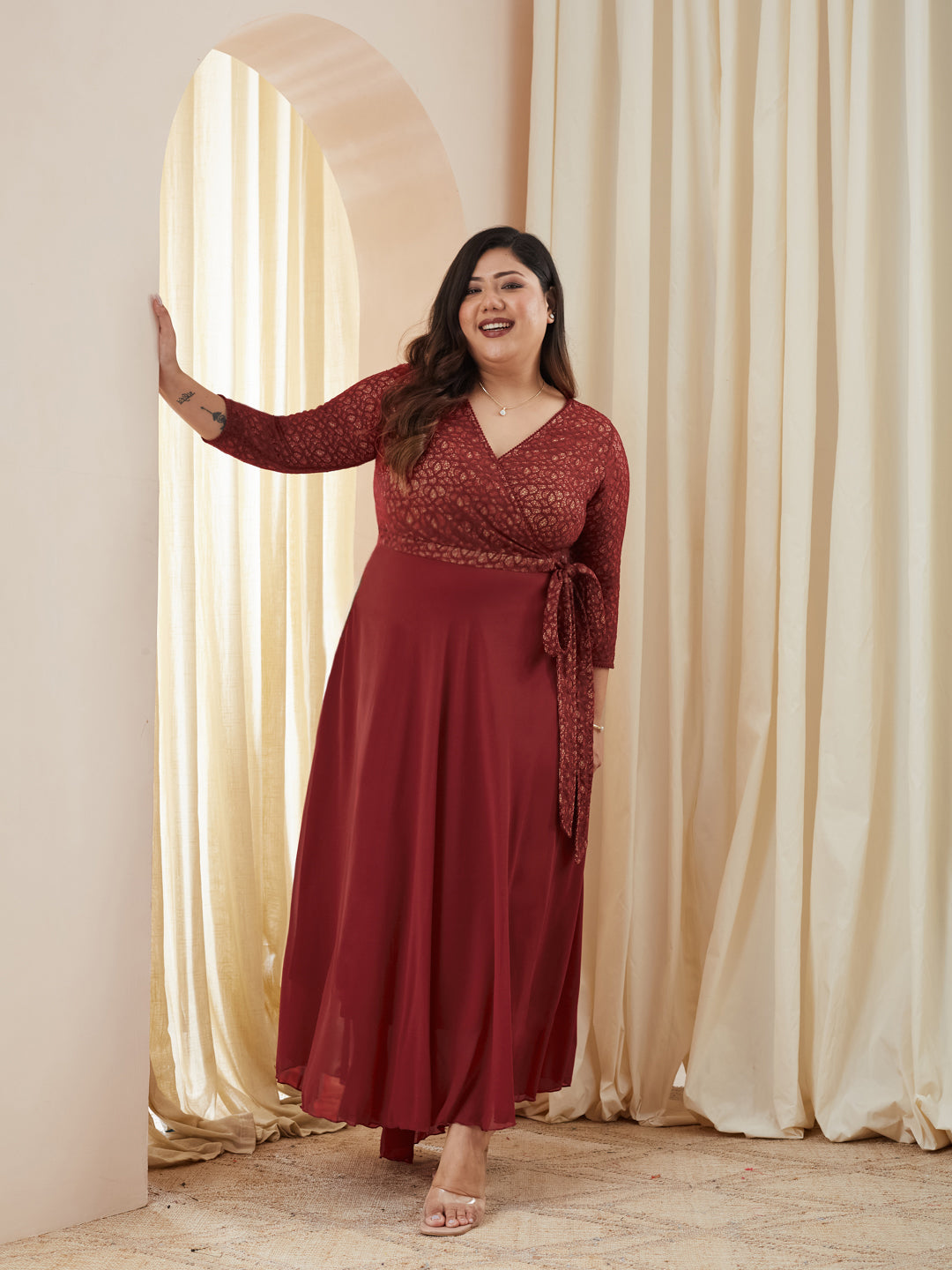 Maroon Floral Printed Relaxed Fit V-Neck 3/4Th Sleeve Georgette Maxi Dress for Women