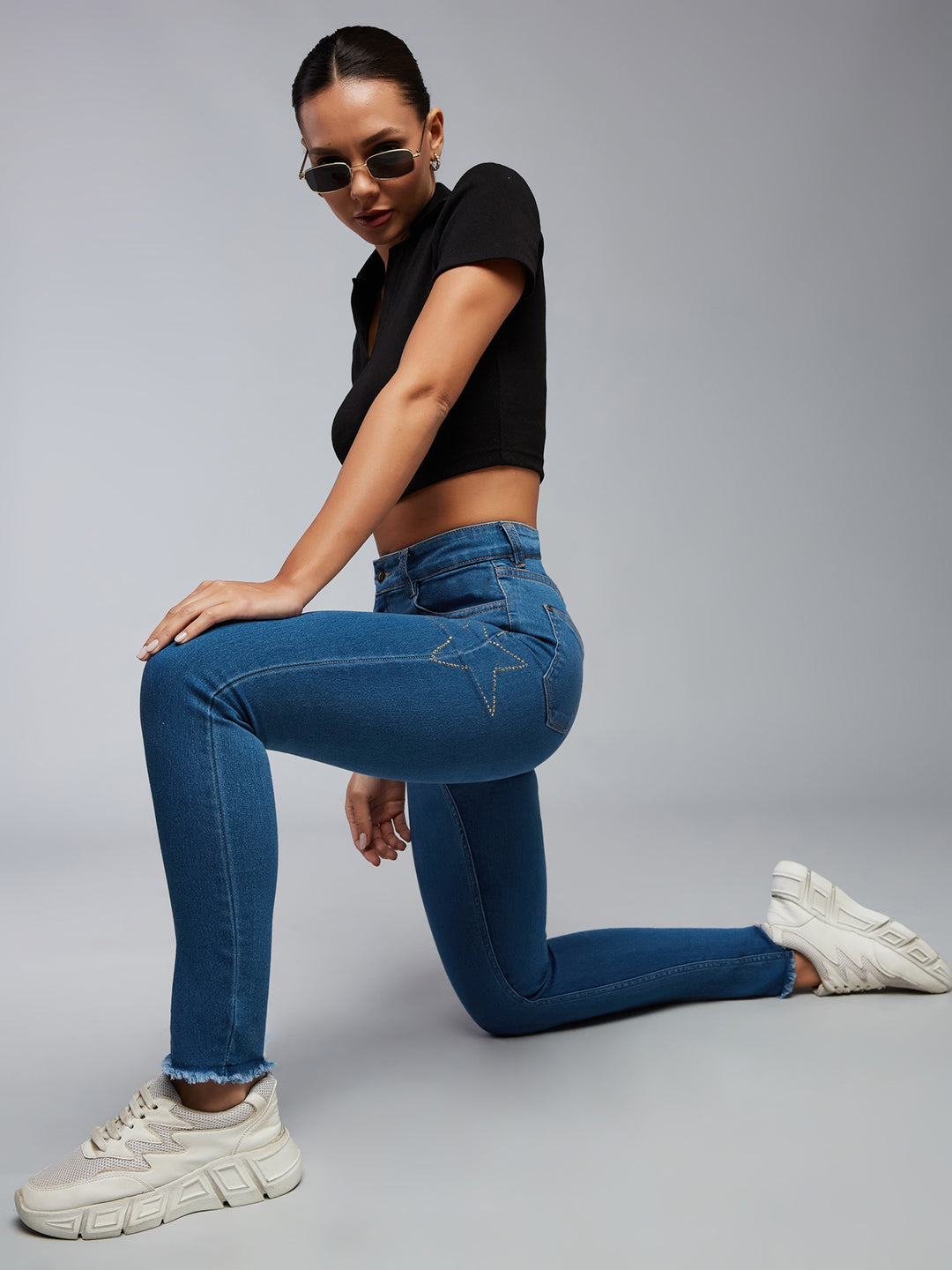 CHASEstretch™ Blue Skinny High-Rise Cropped-Length Embellished Fringe Detailing Stretchable Denim Jeans