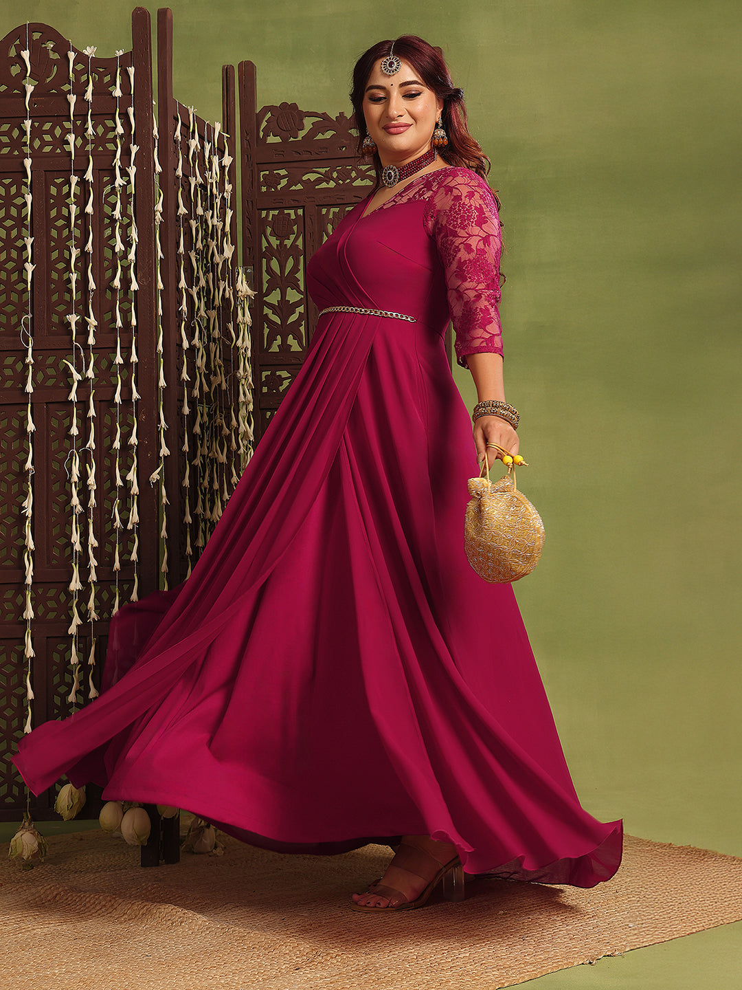 Dark Pink Assymetric Long Sleeves Lace Maxi Dress for Women