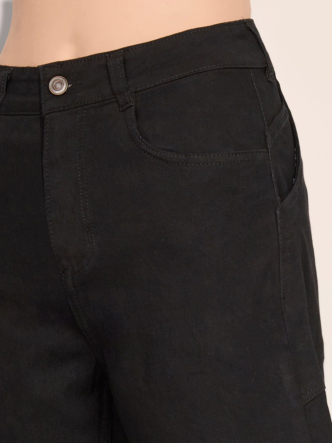 Black High-Rise Above-Knee Stretchable Denim Shorts for Women