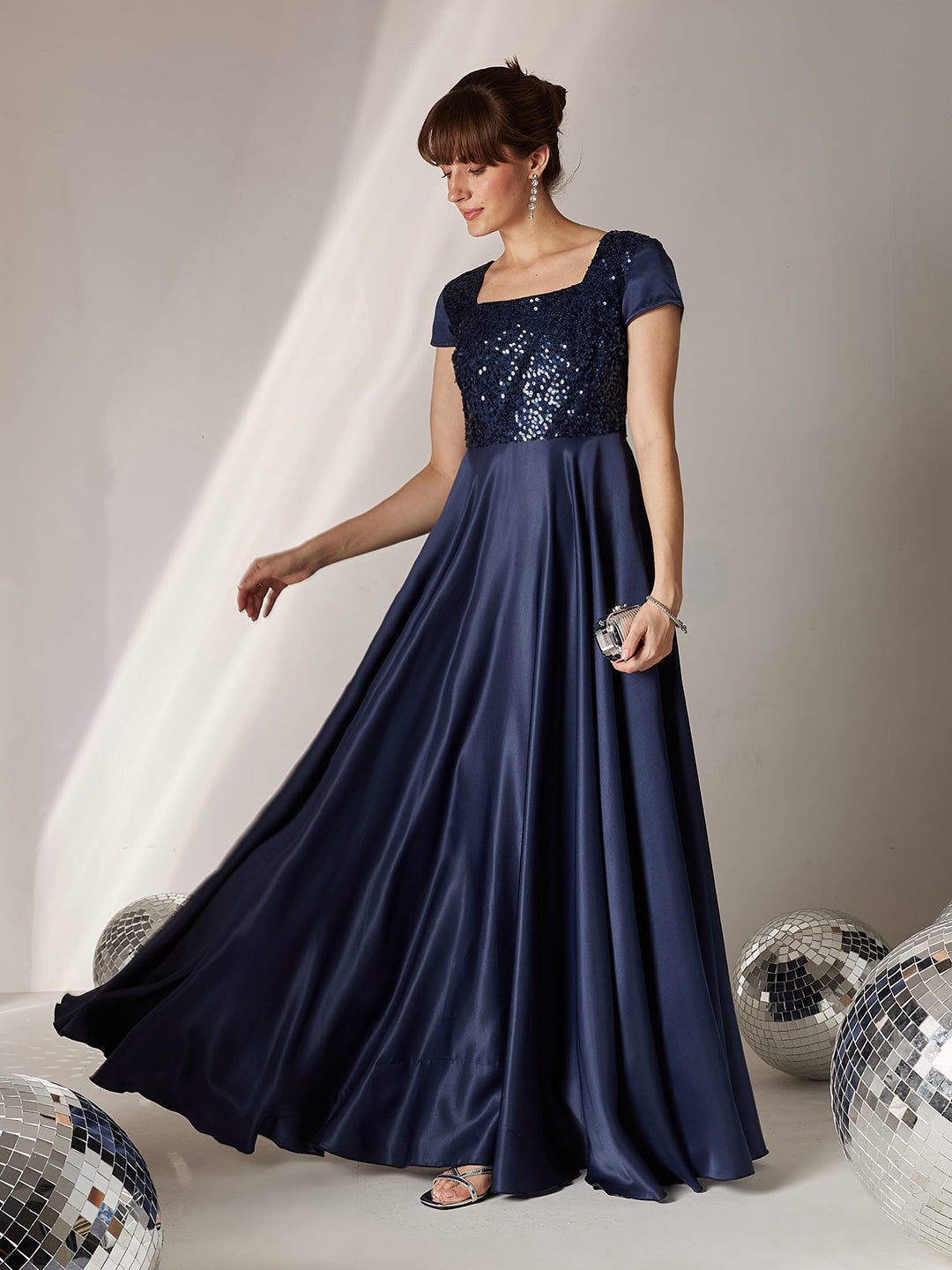 Women's Navy Blue Square Neck Short Sleeve Embellished Polyester Fit & Flare Maxi Dress