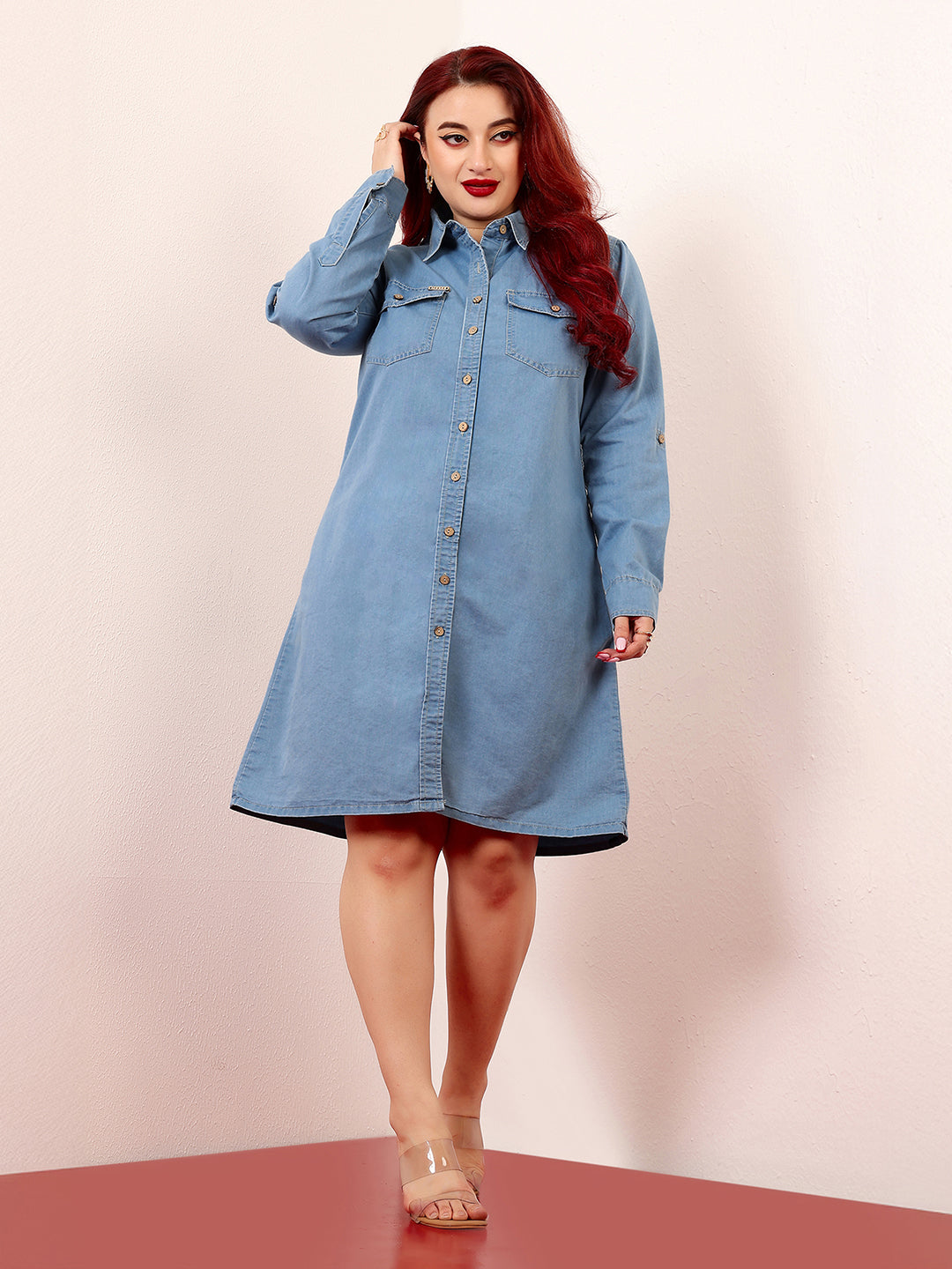 Blue Polo Neck Rolled-Up Full-Sleeves Denim Solid Buttoned A-Line Mini Dress for Women — Miss Chase A+