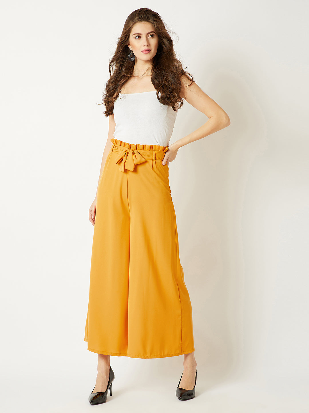 Women's Yellow Solid Regular Length Pleated Wide Leg Paper bag Flare Trouser