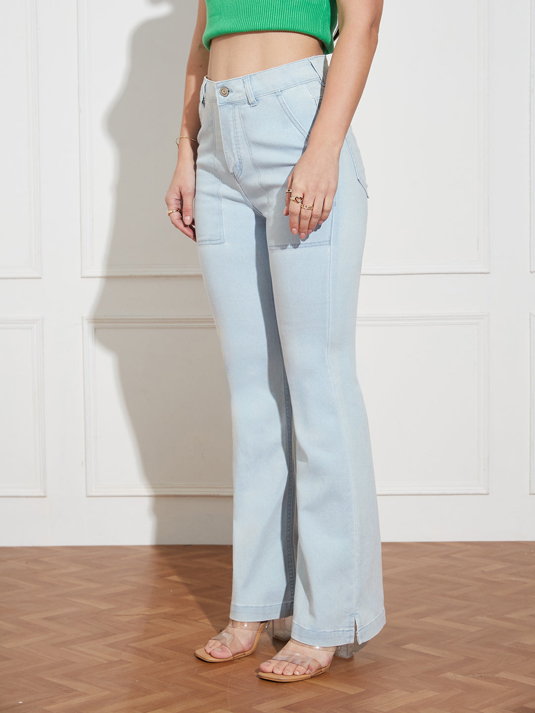 Women's Light Blue Bootcut High rise Clean look Regular Stretchable Denim Jeans
