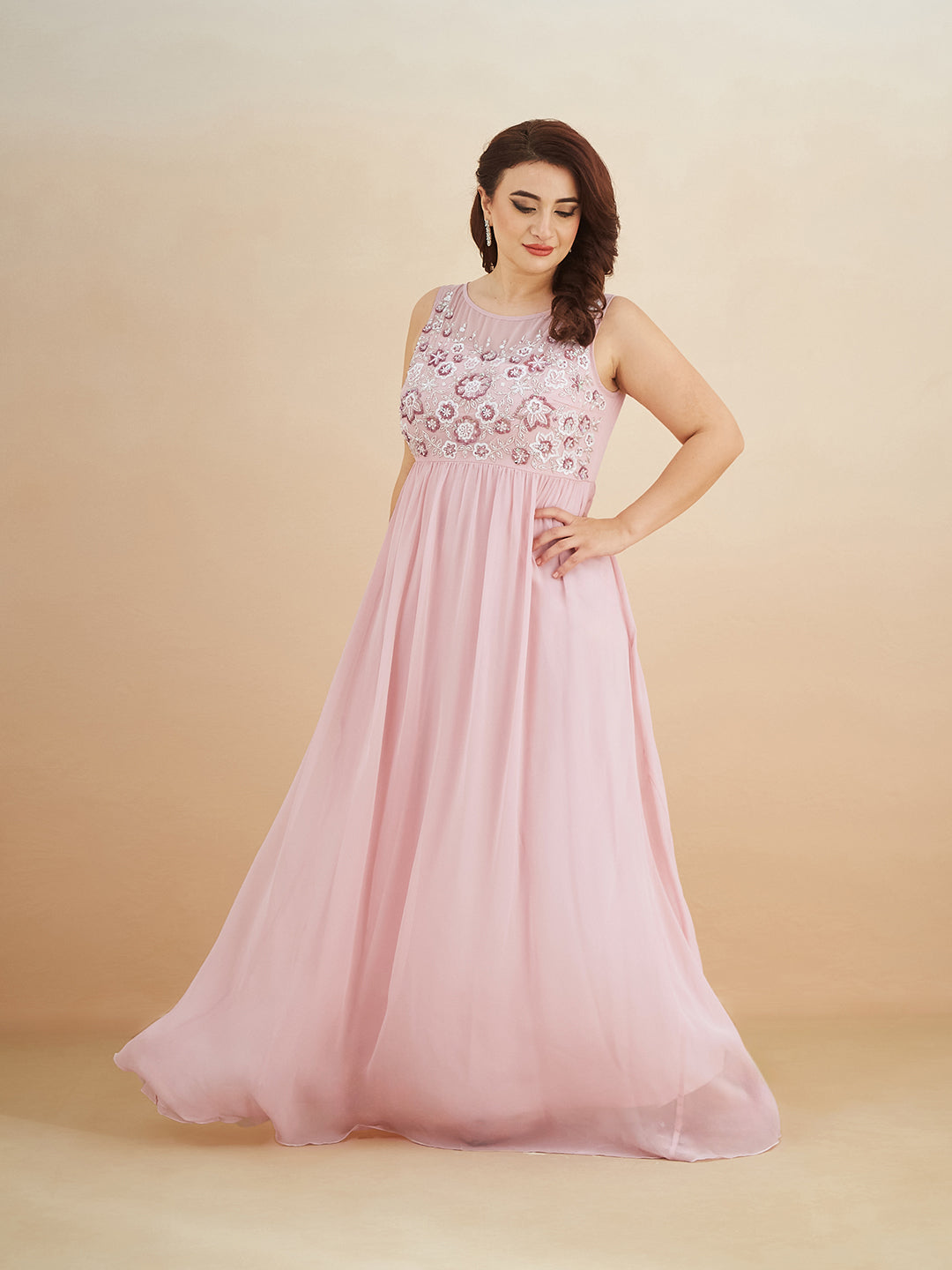 Dusty Pink Boat-Neck Sleeveless Embellished Gathered Regular Dress for Women