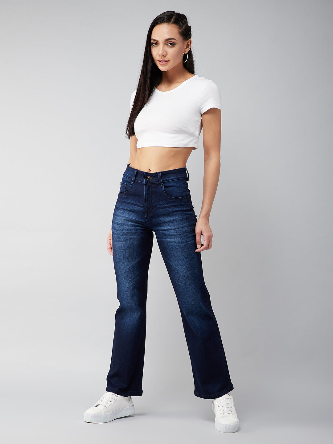 24/7 Comfort Navy-Blue Mid-Rise Stretchable Bell-Bottom Bootcut Denim Jeans