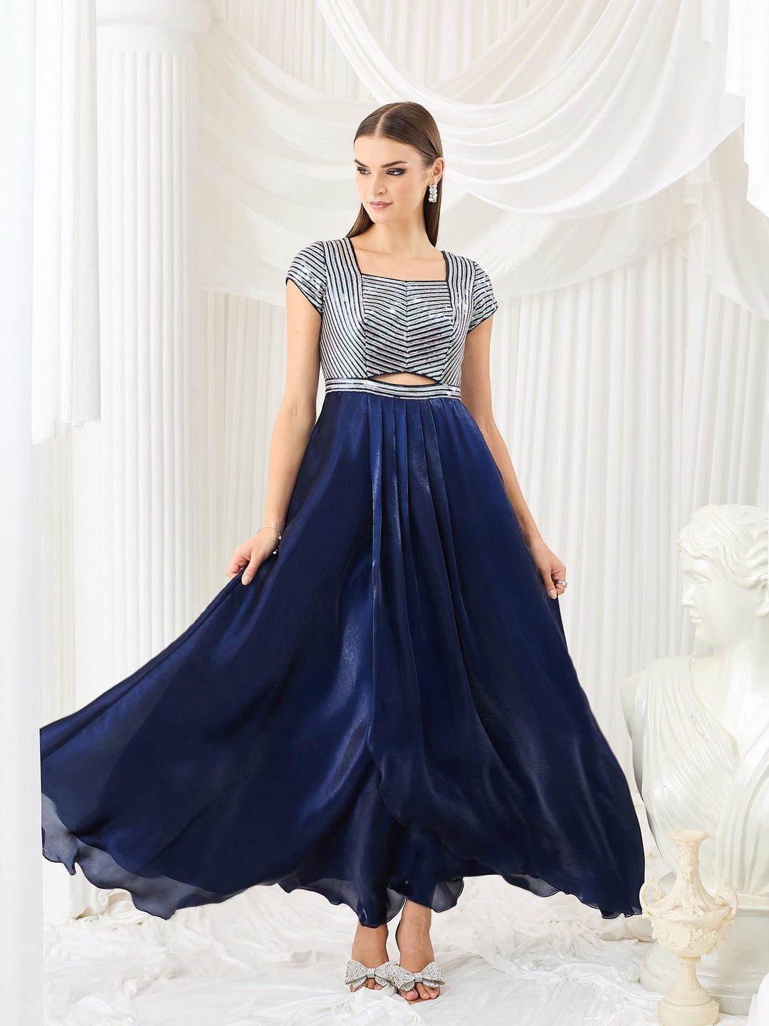 Navy Blue Sweetheart Embellished Gown in Premium Pleated Satin for Women