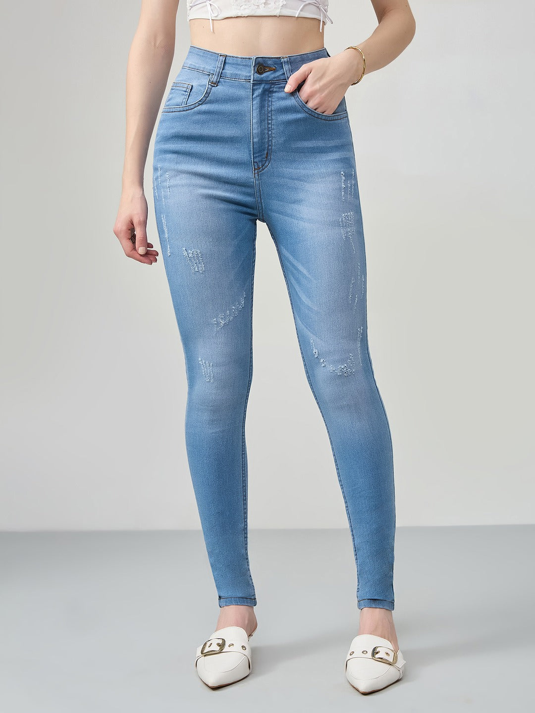 Blue Skinny high-rise Mild Distress Regular Stretchable Denim Jeans for Women