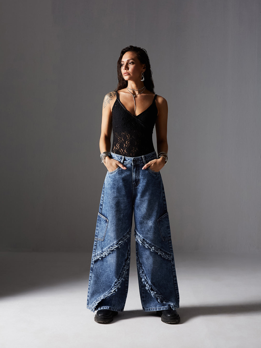 Women's Navy-Blue Wide-Leg High-Rise Highly-Distressed Regular-Length Denim Jeans