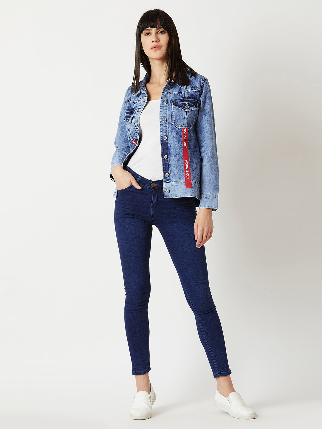 Women's Light Blue Collared Full Sleeve Buttoned Twill Tape Detailing Solid Denim Jacket