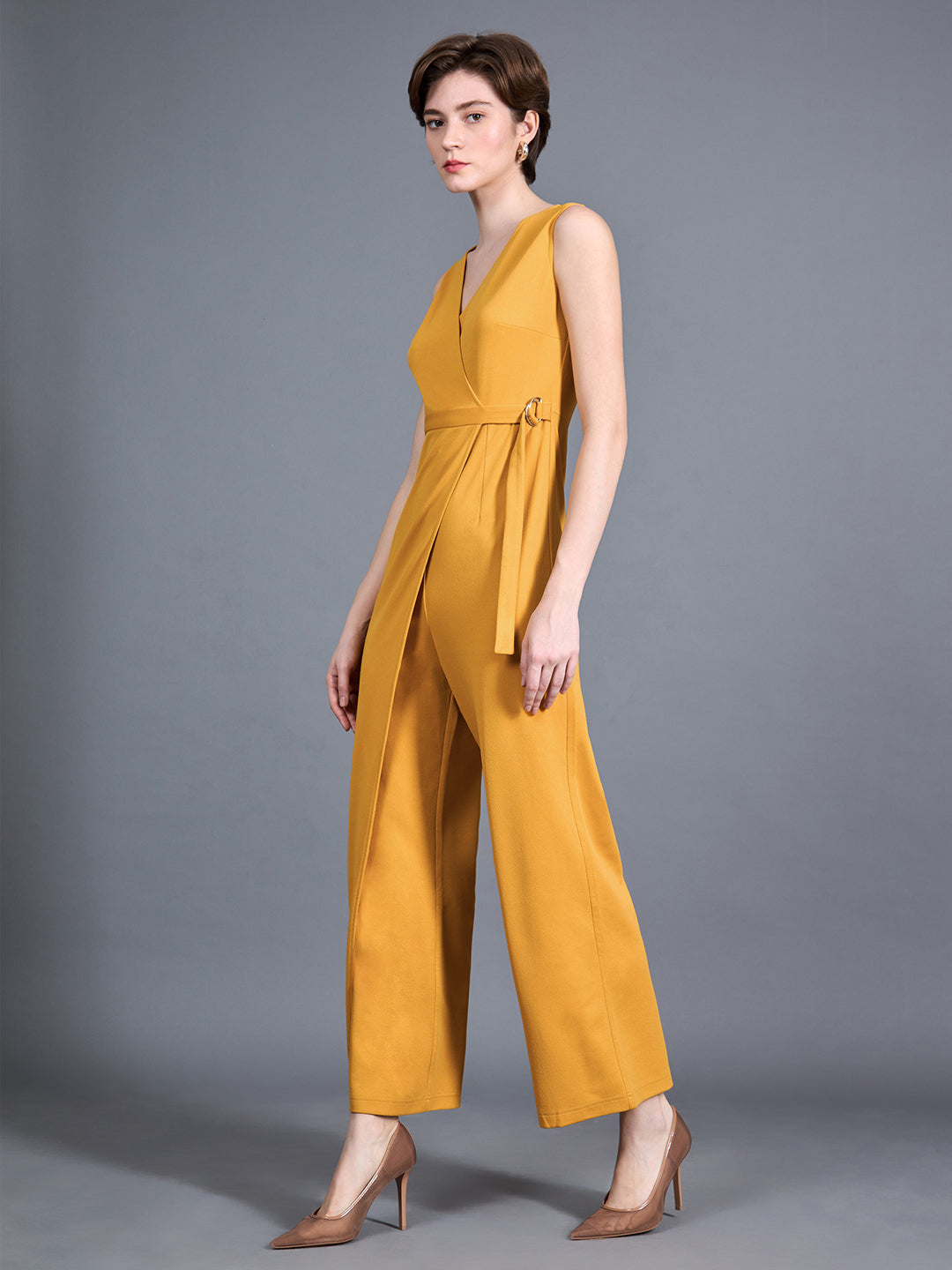 Women's Mustard Yellow V-Neck Sleeveless Solid Wrap Regular Length Jumpsuit