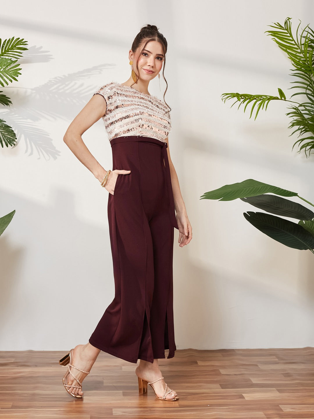 Wine & Beige Round Neck Short Sleeve Embellished Front Slit Fringed Regular Jumpsuit for Women
