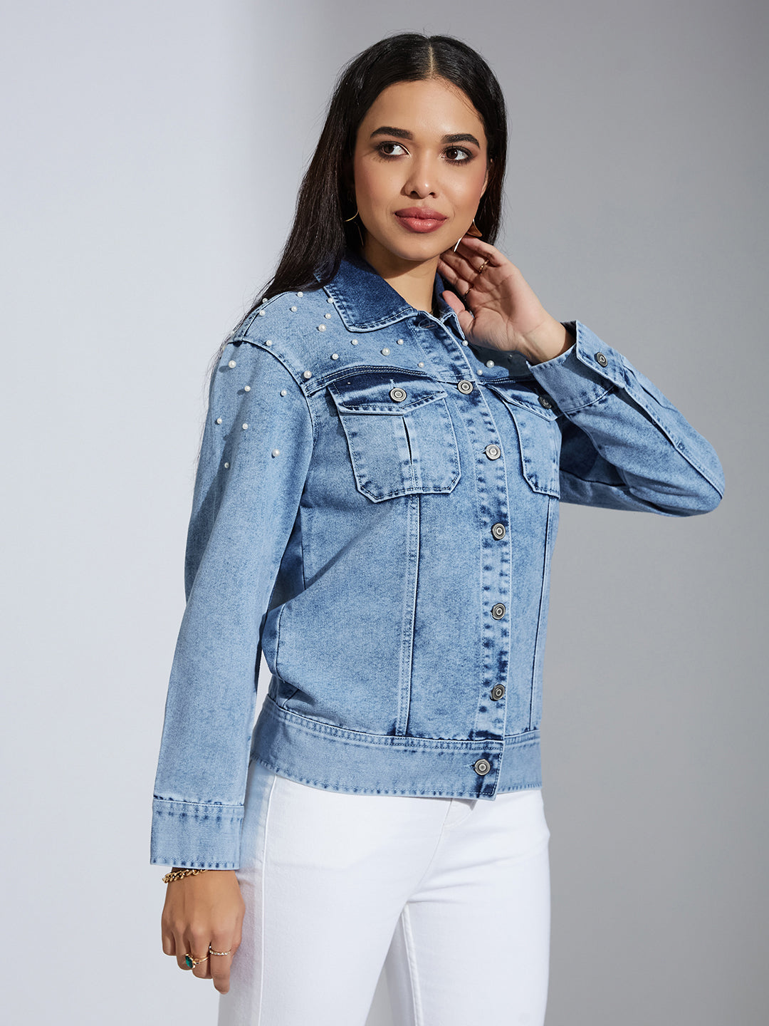 Women's Light Blue Full Sleeve Solid Embellished Pearl Denim Jacket